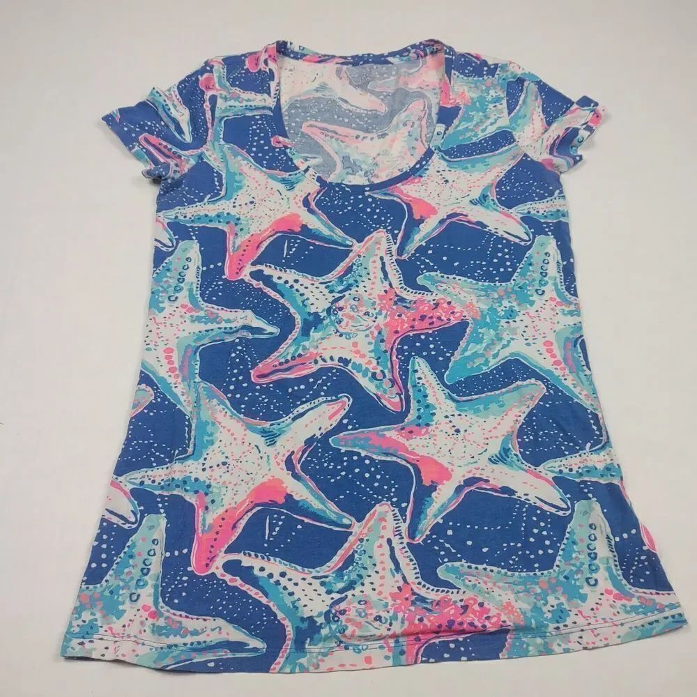 Lilly Pulitzer Womens Scoop Neck T-Shirt Star Fish Print Short Sleeve Tee XS *